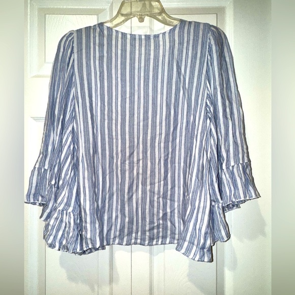 Anthropologie DREW Stripe Tiered Bell/Flutter Sleeves Blouse Women's Size M Blue - Picture 3 of 10